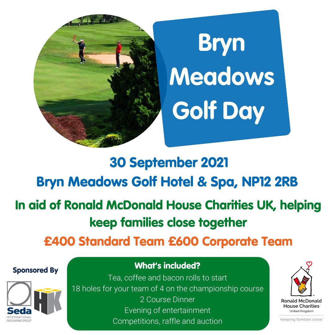 To all my friends in South Wales👋🏼 Please share 

There are few teams available for “The Bryn Meadows”  Charity Golf Day on 30th September 2021
In supportof <a href="/RMHCUK/">Ronald McDonald House Charities UK</a>

For further information please contact <a href="/jayne3411/">Jane Blackwell</a> 

#rmhcuk #charitygolfday #wales #fundraising