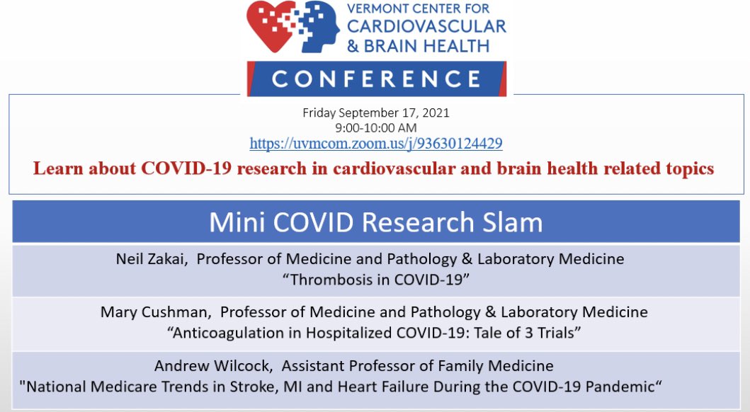 UVMHeartBrain's tweet photo. 🫀& 🧠 Health: Join us at 9 eastern TODAY for our #COVID19 Mini Research Slam! Hear about the #mpRCT of heparin in #COVID, #RapidTrial, @CDCgov’s MITH-COVID & more!
@remap_cap #UVMHeartBrain @MaryCushmanMD @UVMLarnerMed #WearAMask https://t.co/yTLjh2b4x5