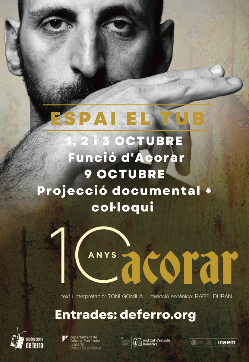 Celebram el desè aniversari d'#ACORAR!
📌1, 2 i 3 octubre: ACORAR 
📌 9 octubre: Projecció del docu ACORATS, CRÒNICA D'UN FENOMEN, de <a href="/joanmartimir/">Joan Martí Mir</a> + COL·LOQUI amb Toni Gomila, Rafel Duran, @Fruela_Fdez, <a href="/margaridaTT/">Margarida Troguet</a> i <a href="/carmecastells/">carme castells</a> 
📍<a href="/EspaiElTub/">Espai El Tub</a>
🎟 bit.ly/39fCOIc