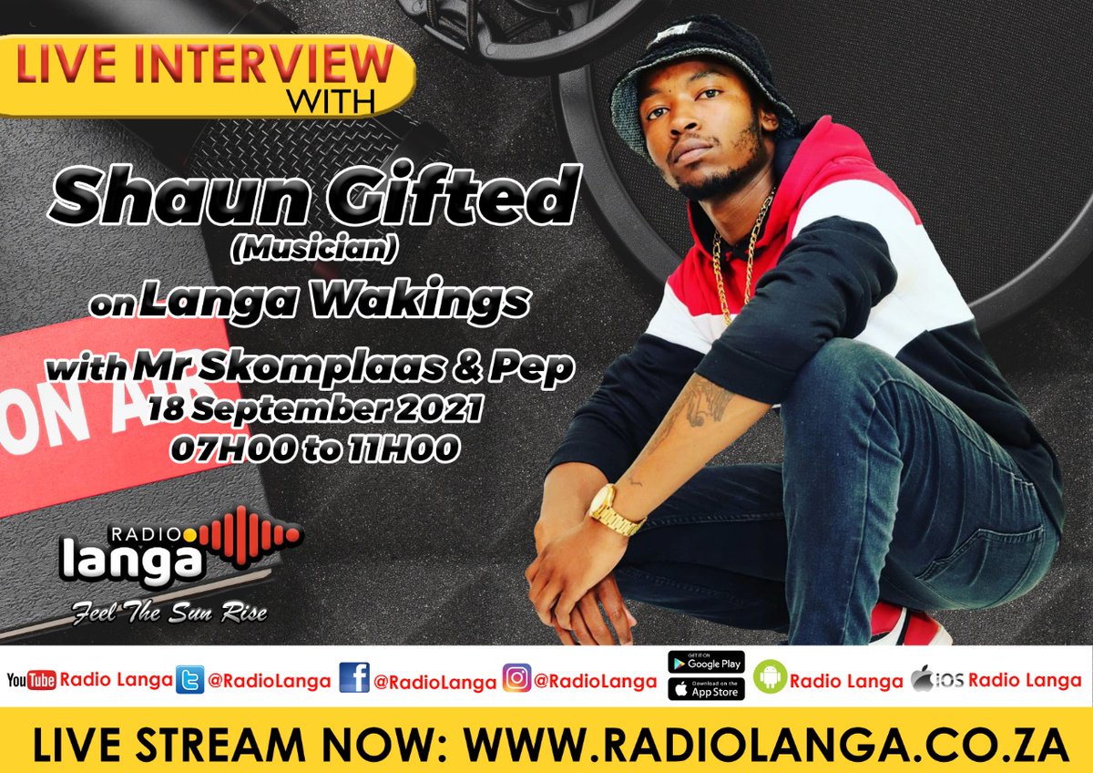 Radiolanga's tweet photo. We bringing the best of local talent as we are joined by the talented musician, @ShaunGifted013.

Join the Langa Wakings as we talk all things music. Stream live on https://t.co/OPSa7D0fns or download the Radio Langa App.

#radiolanga #localislekker #langawakings #feelthesunrise https://t.co/JBlMHkYGW5