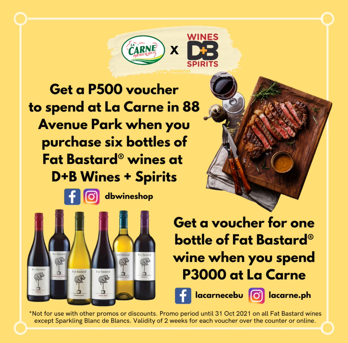 DBwineshop's tweet photo. Enjoy great deals from #DBwineshop and La Carne! Spend P3000 at their store at 88th Avenue, and get a voucher for a bottle of #FatBastardWine https://t.co/zBNp6c5Nwl