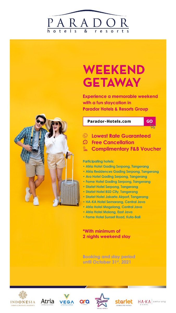 🏖️ Prepare Yourself for a Weekend Getaway 🏖️ 

Let's have a memorable weekend with a fun staycation in Parador Hotels &amp; Resorts group. 

• Lowest Rate Guaranteed
• Free Cancellation
• Complimentary F&amp;B Voucher 

*For a minimum 2 nights weekend stay 

BOOK NOW❗