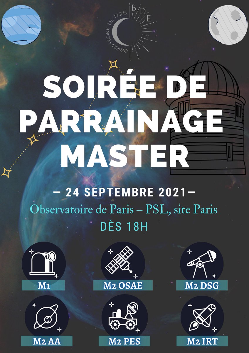 Le <a href="/bdeObsParis/">BDE Observatoire de Paris</a> fête la rentrée avec l'annonce de son premier événement pour l'année académique 2021/22🎉

➡️la soirée de parrainage entre les M1-M2 de l'<a href="/Obs_Paris/">Observatoire de Paris | PSL</a> !👥🌟

Pour y participer, remplissez le google form envoyé sur votre boîte obspm.fr avec les infos📧