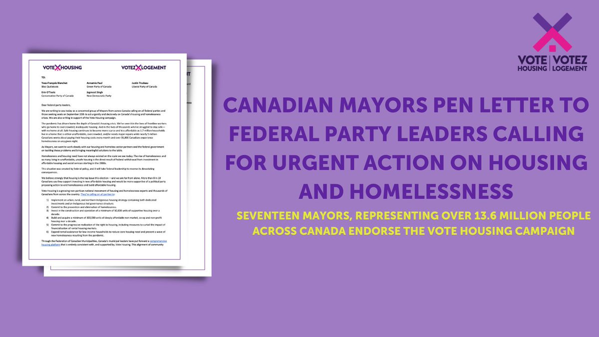 votehousingca's tweet photo. 🚨 BREAKING: 17 Canadian mayors pen open letter to federal parties for urgent action on housing and homelessness. Representing over 13.6 million people across Canada, they endorse the Vote Housing campaign!

Read the open letter here: https://t.co/LVWd1vRjdj #cdnpoli #elxn44 https://t.co/CO3hhzzPfk