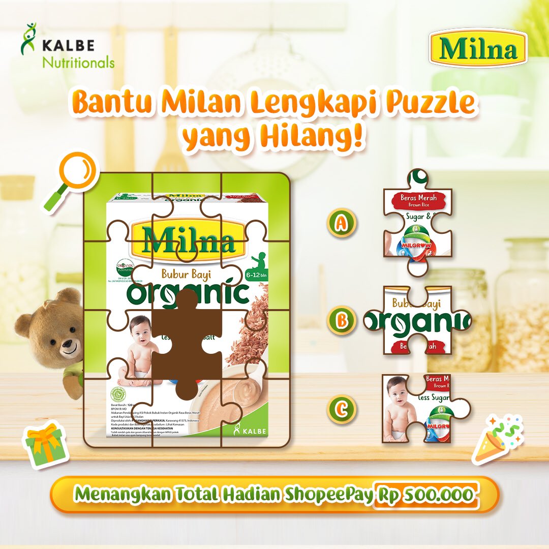 BundaMilna's tweet photo. Wah, ada puzzle yang hilang pada bungkus Milna Bubur Bayi Organic. Bunda, bantu Milan menemukannya yuk! Caranya Bunda perlu menjawab puzzle yang tepat untuk melengkapi gambar di atas. Kemudian, tulis jawaban di kolom reply dan jangan ikuti syarat dan ketentuan di bawah ini ya. https://t.co/ec5IrAahFr