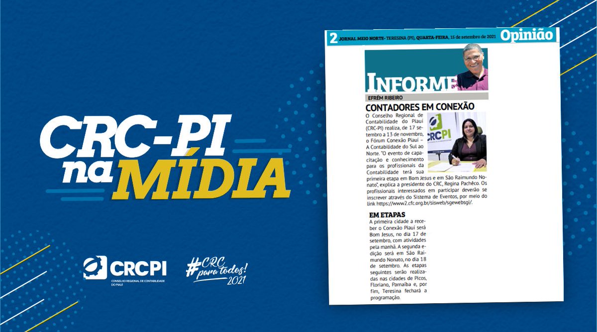 crcpiaui's tweet photo. O CRC-PI é destaque no jornal Meio Norte com o Fórum Conexão Piauí, que inicia hoje, em Bom Jesus. Amanhã (18), será a vez de São Raimundo Nonato.
Conexão Piauí é a Contabilidade do Sul ao Norte!
Confira a notícia!
#crcpi #crcparatodos https://t.co/BwF7h9AprE
