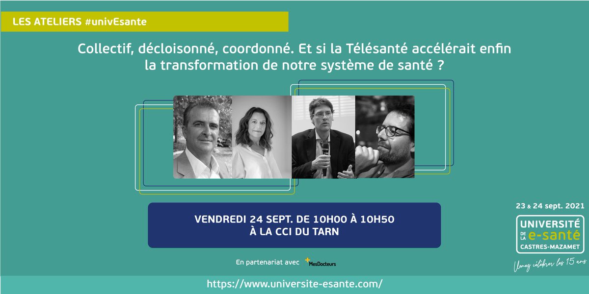 ✔️Atelier #UnivEsante 
"Collectif, décloisonné, coordonné. Et si la #télésanté accélérait enfin la transformation de notre système de #Sante ?" 

animé par <a href="/LionelREICHARDT/">PHARMAGEEK #hcsmeufr</a> pour @mesdocteurs 

✅Avec dr Bernard Castells @CHU_Caen - <a href="/mlsaillard/">Marie-Laure Saillard</a> &amp; Dr Jean-Christophe Steinbach #CHIC