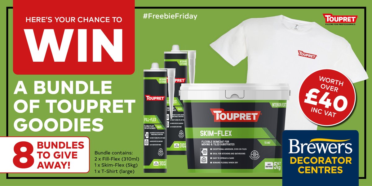 Brewerspaints's tweet image. Could you be a winner? We have 8 Toupret bundles to give away! 
Each bundle includes; 2x Fill-Flex (310ml) 1x Skim-Flex (5kg) 1x t-shirt (large).
For your chance to #WIN like, RT and follow @Brewerspaints &amp;amp; @ToupretUK Competition closes 12pm 24/09/21