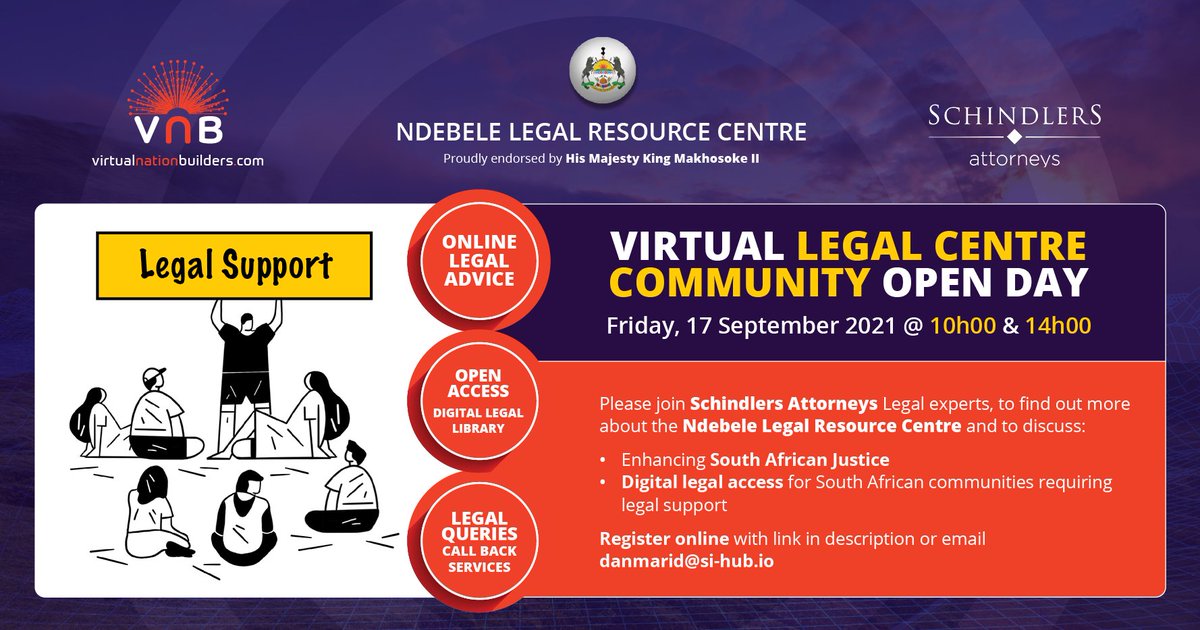 Don’t forget: today is Ndebele Legal Resource Centre Community Open Day. 

10h00 Session: zcu.io/Qqaj 
14h00 Session : zcu.io/FIzT 
Queries to danmarid@si-hub.io

#ndebelelegalresourcecentre #schindlersattorneys #virtualnationbuilders 
#ndebelenation