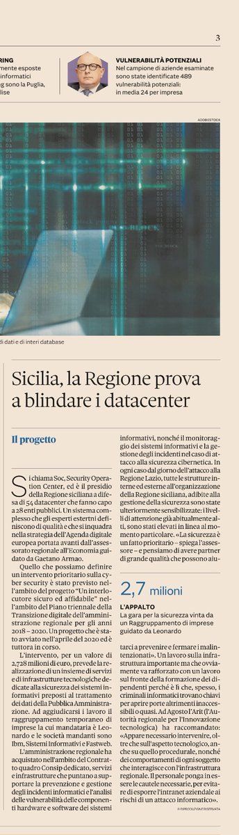 gaearmao's tweet photo. Il lavoro della @Regione_Sicilia per la #cybersecurity #proteggiamolaSicilia #GovernoMusumeci #Assessoratoeconomia #Agendadigitale #Sole24ore #Arit @ninoamadore https://t.co/mN6hvb1ytY