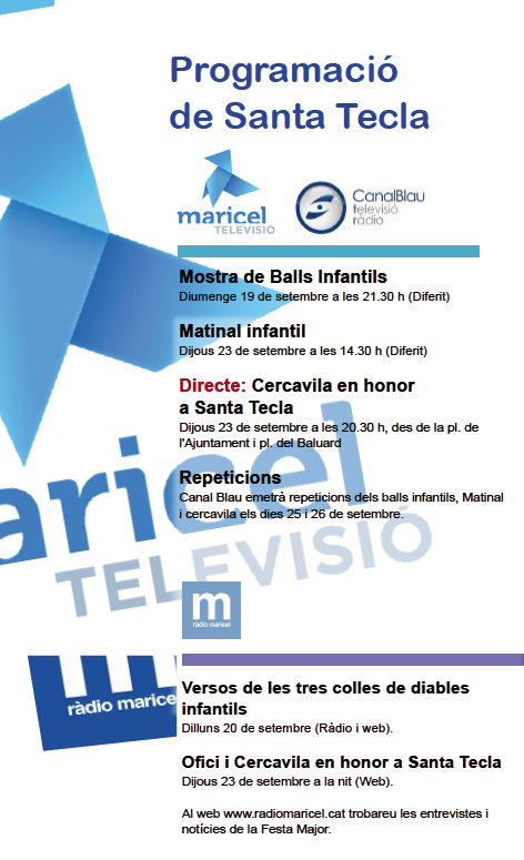 Santa Tecla es podrà seguir a <a href="/radiomaricel/">Ràdio Maricel de Sitges</a> i <a href="/canalblau/">Canal Blau</a>.

👇Aquí teniu la programació completa.
#Sitges