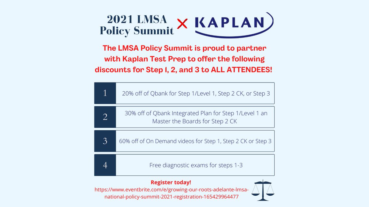 Another great reason to register for the 8th Annual LMSA Policy Summit! ALL attendees get great discounts for Kaplan Step Prep materials. 

Register today! eventbrite.com/e/growing-our-…