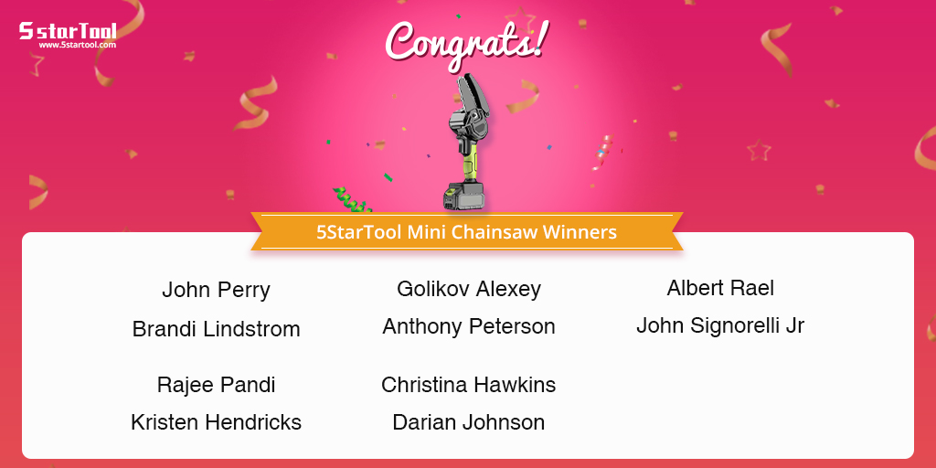 5startool's tweet photo. The winners of the 5StarTool Mini chain saw have been announced. You can check out the details of the winners on our website.
https://t.co/MfJOrhTtWB
#giveaway #5startool #chainsaw #tools https://t.co/sRjTIUAieO