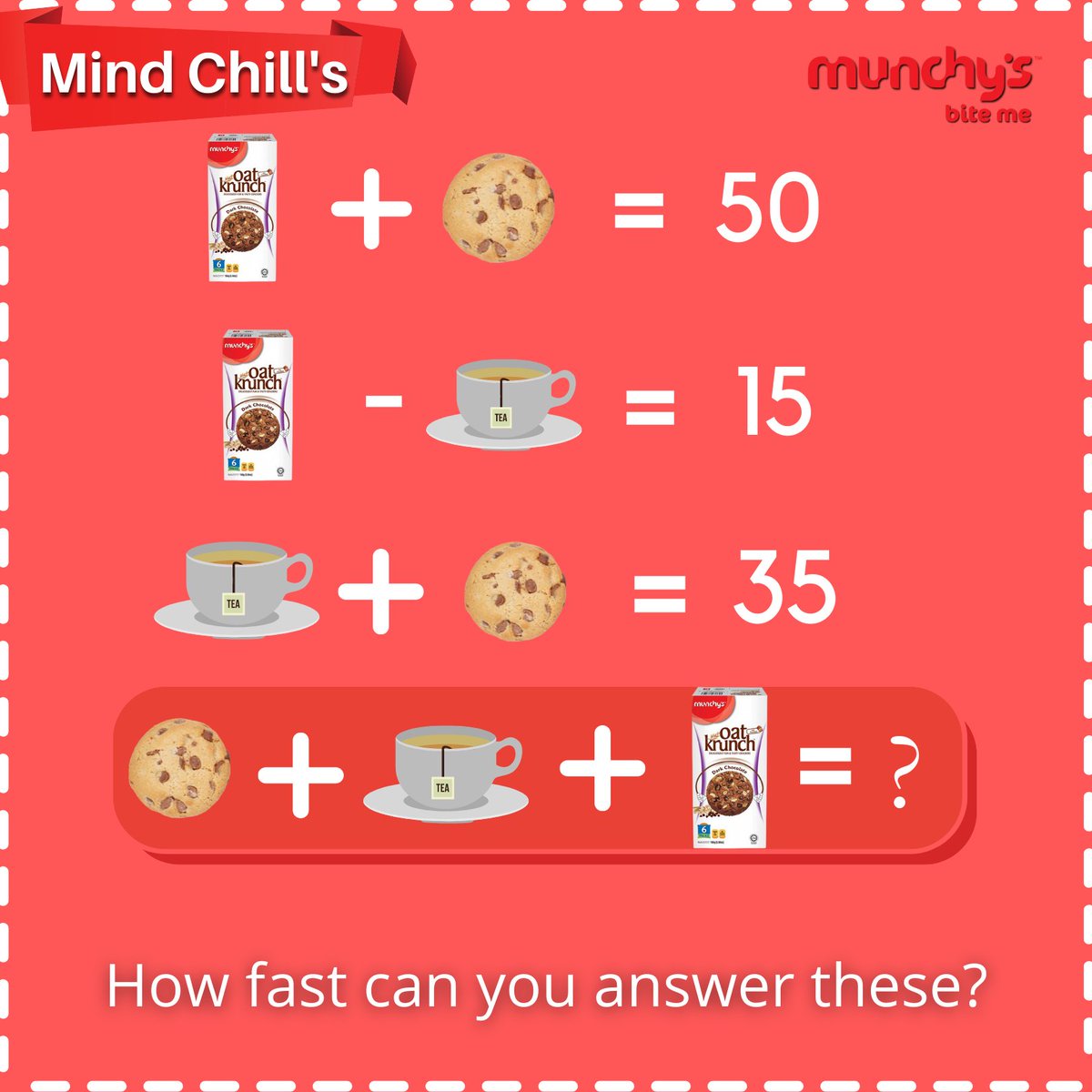 MunchysI's tweet photo. This simple math quiz can be done over some Tea and Munchys in the evening. Are you up to the challenge?
Leave your answers below!
.
.
.
#cookies🍪 #mathquiz #mathquestion #mathematics #mindgmaes #munchys #munchysindia #afternoontea #chai #words #fun #trivia #math #solutions https://t.co/Mpm3yErv6y