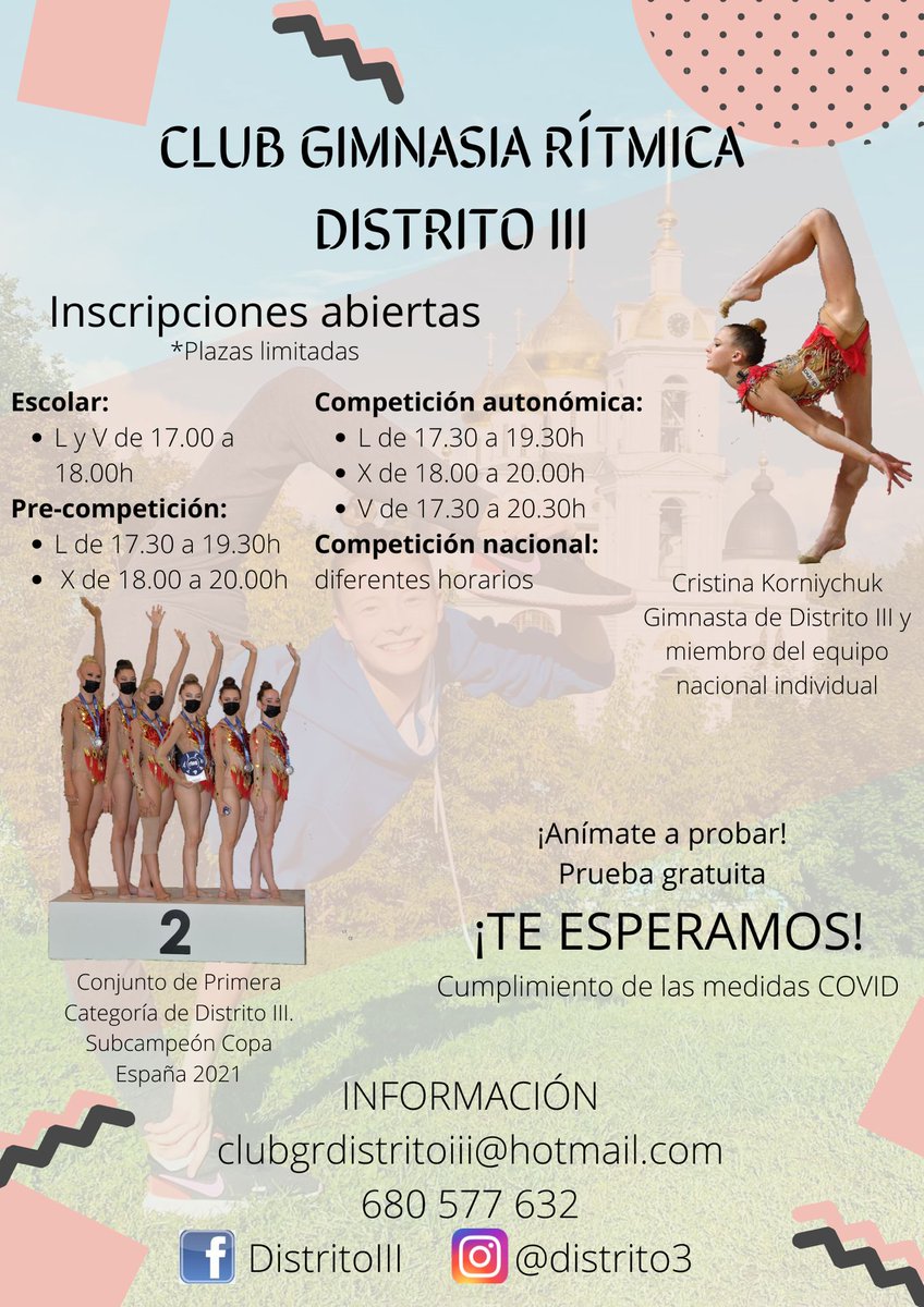 Alcala_Deporte's tweet photo. Arranca una nueva temporada para el Club Gimnasia Rítmica Distrito III. Abiertas inscripciones‼️

Un club grandes deportistas y mucho talento 👇🏻

🤸🏻‍♀️ Cristina Korniychuk, miembro del equipo nacional 🇪🇸
🤸🏻‍♀️ Conjunto de primera categoría, subcampeón de España 2021

#AlcaláEsDeporte https://t.co/104Dgc8E0Z