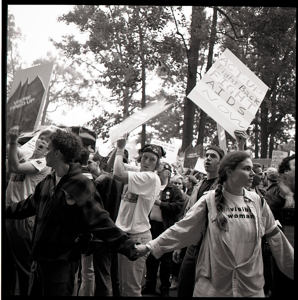 People marching for HIV treatment at a demonstration in May 1990 at the National Institutes of Health in Washington, DC, United States of America. Credit: Elizabeth Carecchio