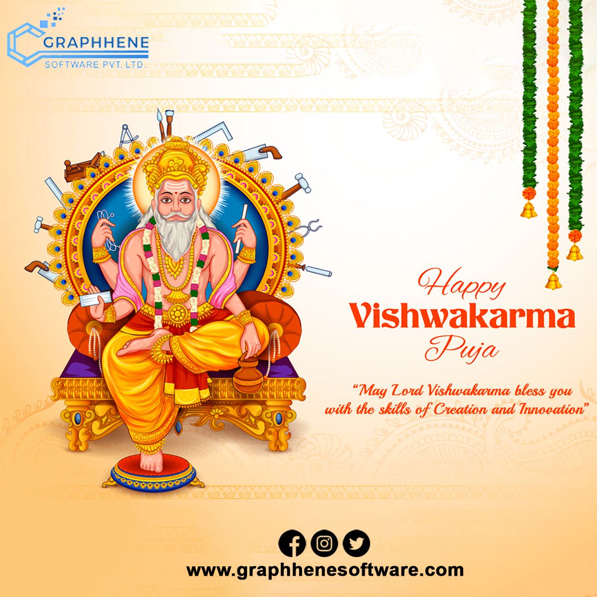 Graphhenesoft's tweet image. On the auspicious day of Vishwakarma Puja, sending you all our warm, sincere wishes to you and your family.

#Graphhene |  #FestivalsofIndia | #VishwakarmaPuja2020 | 
#HappyVishwakarmaPuja | #विश्वकर्मा_पूजा |  #digitalmarketing | #agency | #VishwakarmaPuja2021 | #VishwakarmaPuja