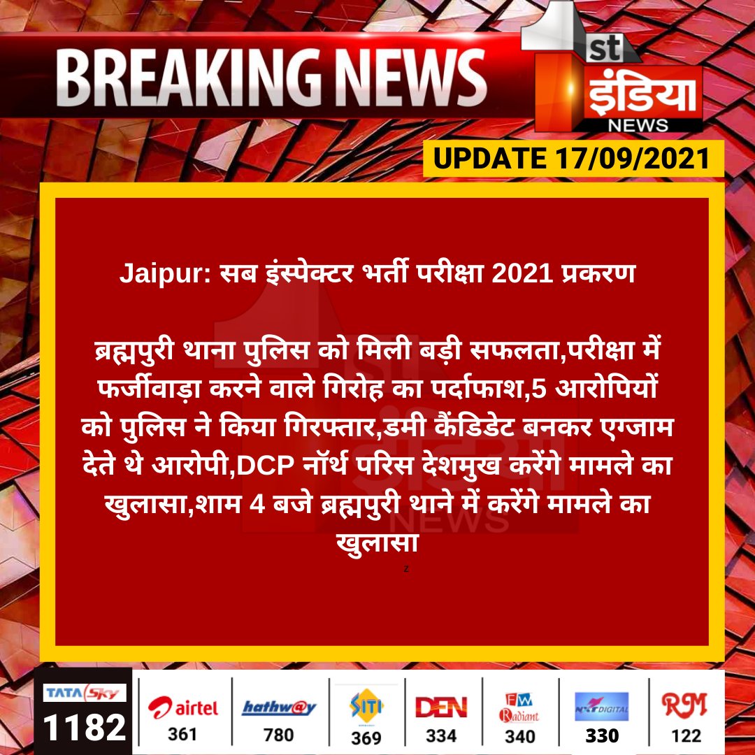 1stIndiaNews's tweet photo. #Jaipur: सब इंस्पेक्टर भर्ती परीक्षा 2021 प्रकरण

ब्रह्मपुरी थाना पुलिस को मिली बड़ी सफलता,परीक्षा में फर्जीवाड़ा करने वाले गिरोह का पर्दाफाश,5 आरोपियों को पुलिस ने किया गिरफ्तार,डमी कैंडिडेट बनकर एग्जाम देते थे आरोपी,DCP नॉर्थ परिस देशमुख...

@tonkziya  @jaipur_police https://t.co/itHkb3fYjG
