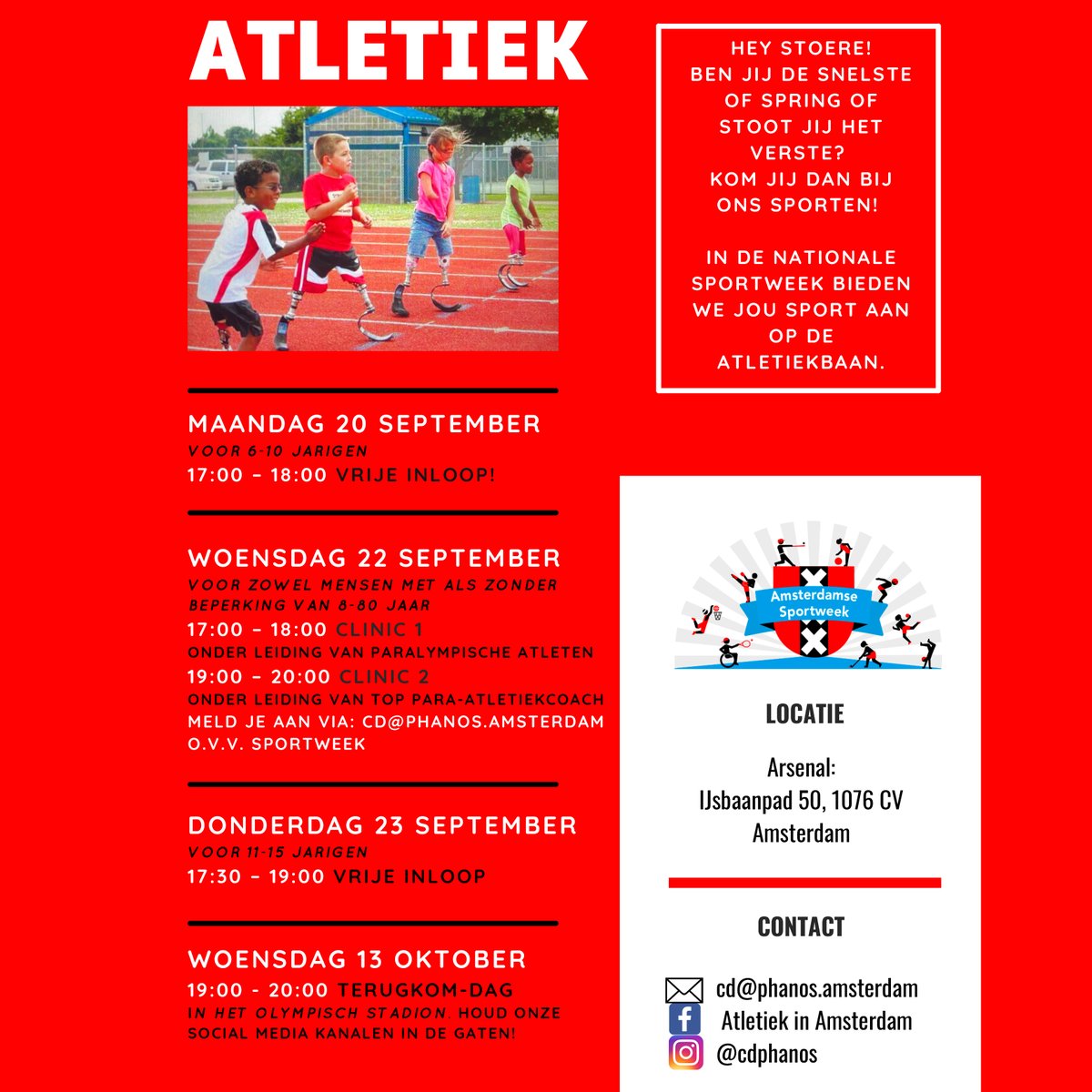 Wil jij kennismaken met atletiek en dan ook nog een training krijgen van de paralympische kampioene? Meld je dan snel aan en volg de clinic op woensdag 22 september van Marlene van Gansewinkel en Fleur Schouten in Amsterdam! Tot woensdag!