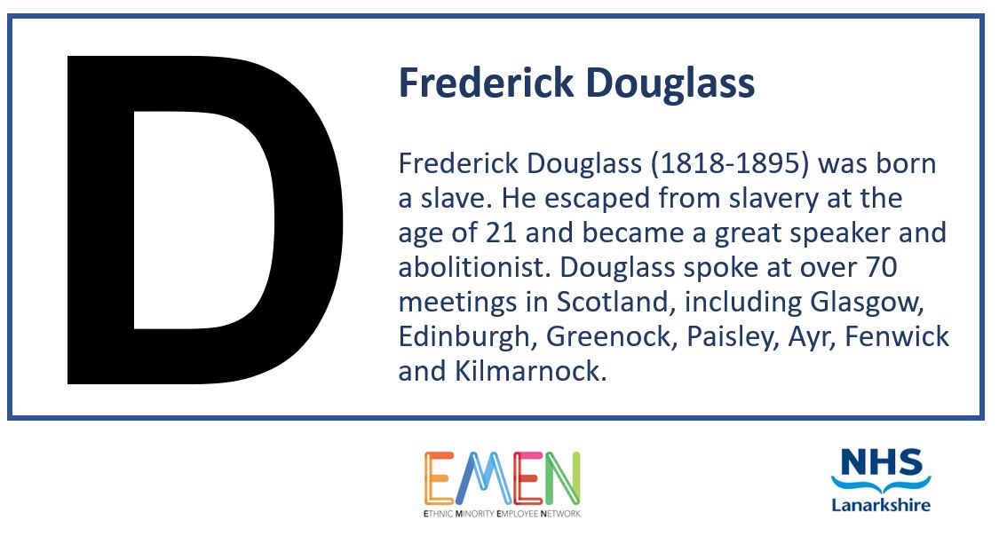 Today's tweet shows us an #inspirational man from #BlackAfrican and #Caribbean roots: Frederick Douglass. @BhmUK @NHSLanarkshire @nhsa_a @StaffCareNHSL @nlcpeople @SouthLanCouncil #Scotland https://t.co/r0aaTzCgbf