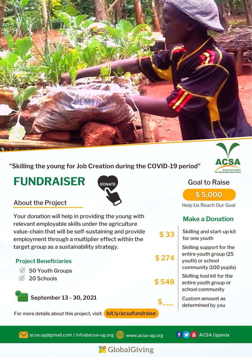 AcsaUganda's tweet photo. In response to the #COVID19 pandemic that has disrupted education for school-going children and left many of the youth unemployed, we are running a #fundraiser for - 'Skilling the young for Job Creation during the Covid19 period.'

Visit https://t.co/X3Ba3hzYXh for more details https://t.co/VTfbBJgpNj