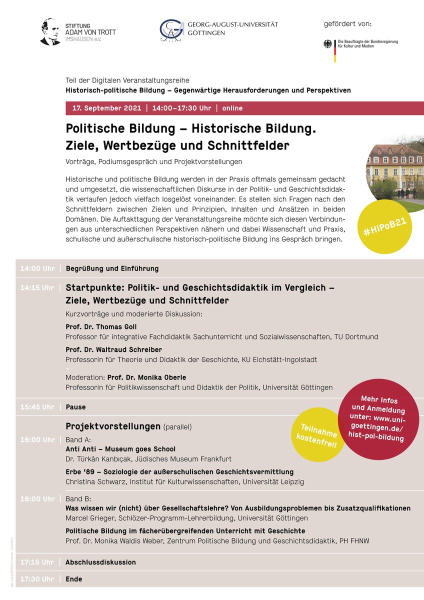 👉 heute 14 Uhr: Auftaktveranstaltung „Politische Bildung – historische Bildung: Ziele, Wertbezüge und Schnittfelder“ <a href="/uniGoettingen/">Uni Göttingen</a> <a href="/StiftungTrott/">Stiftung Adam von Trott</a> (online via zoom), Teilnahme kostenfrei! Schnell noch anmelden unter: uni-goettingen.de/de/647877.html #HiPoB21