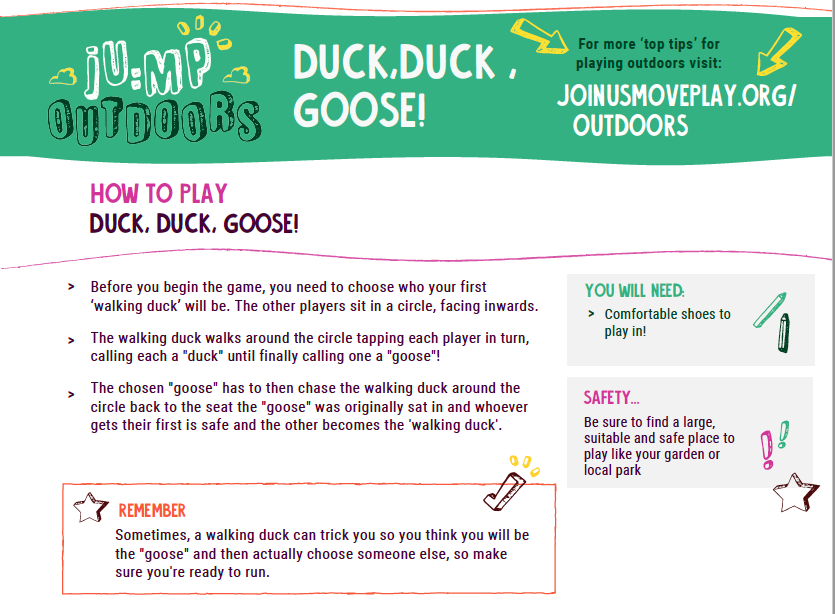 JoinUsMovePlay's tweet photo. NEW JU:MP challenge of the week! Can you play Duck, Duck Goose or Hot or Cold? Remember Kids can submit their own outdoor play ideas at https://t.co/zX6RiD9U7V & have the chance to win a scooter through our prize draw! π΄βΊοΈ#BringBackOutdoorPlay because #OutdoorPlayMatters https://t.co/wkJYVz7sG5