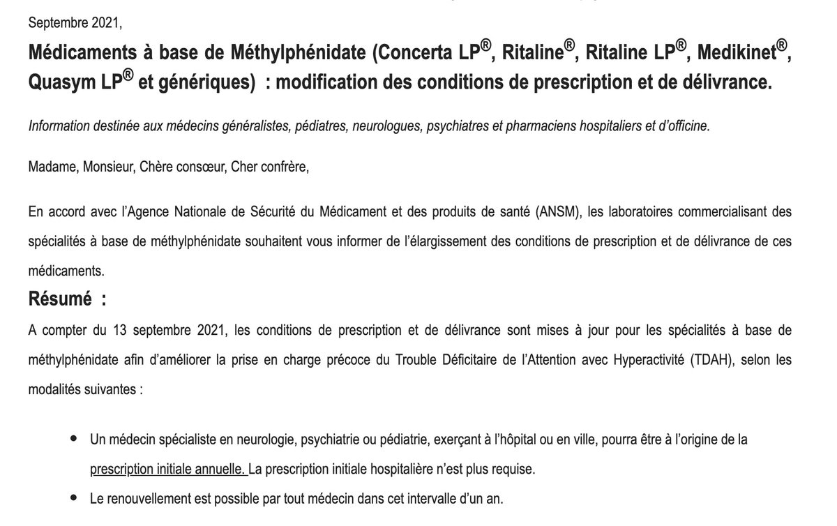 DDupagne's tweet photo. 👏Un verrou majeur vient de sauter dans la prise en charge pharmacologique du TDAH (déficit de l'attention +/- hyperactivité) en France : la prescription annuelle de méthylphénidate (Ritaline &amp; co) est désormais réalisable par des psychiatres, neurologues et pédiatres de ville https://t.co/Hzgzydbwbu