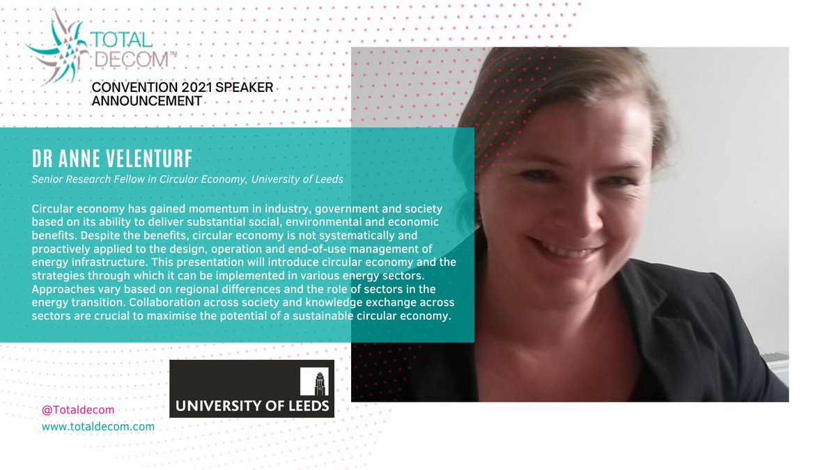 Speaker announcement!
Senior Research Fellow in Circular Economy at <a href="/UniversityLeeds/">University of Leeds</a>, Dr Anne Velenturf will be delivering her presentation on ‘Circular economy for energy infrastructure'
 totaldecom.com/convention-202… 

#circulareconomy #leeds #energy #sustainable #decommissioning