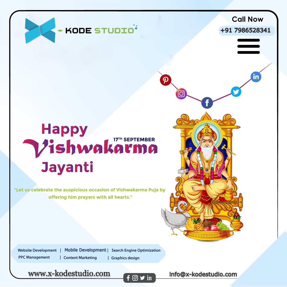 XKodeStudioLLP2's tweet image. #vishwakarma Wish everyone a very happy #VishwakarmaJayanti. May the skillful celestial architect, Lord #Vishwakarma bless all of us.