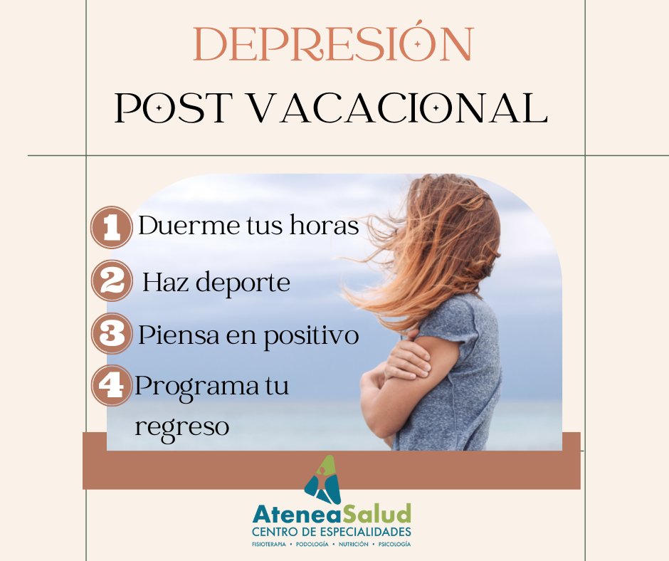 La depresión post- vacacional puede afectar tanto al estado físico como emocional🧠
Afróntala💪mejor siguiendo una serie de pautas y cuida también tu alimentación.🍎
¡𝙈𝙪𝙘𝙝𝙤 𝙖́𝙣𝙞𝙢𝙤!
#ateneasalud #nutrición #psicologia #depresion #sindromepostvacacional #jerezdelafrontera