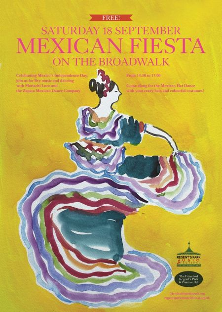 This Saturday head to the Broadwalk in #RegentsPark 2.30-5pm for a fiesta celebrating Mexico's Independence Day. Live music from <a href="/MariachiLocoUK/">Mariachi Loco UK</a> and dancing from the Zapata Mexican Folklore Dance Company. bit.ly/3nuSRKt