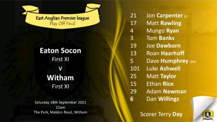 Big day for the club tomorrow as we travel to <a href="/Withamcc/">Withamcc</a> for the @cricket_EAPL promotion playoff final 11 am start.

Our 12 man squad for the game has been announced. Good luck lads 🦅