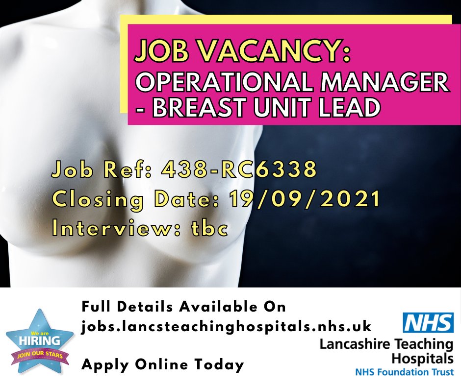LancsHospJobs's tweet photo. Job Vacancy: Operational Manager - Breast Unit Lead @LancsHospitals 

This is a brand new role at the Breast Unit!

#NHs #NHSJobs #Breast #BreastClinic #BreastUnit #cancer #Operationalmanager #Chorley #Preston #Lancashire

Closing: 19/09/21
Apply here: https://t.co/IaB9LVtGWI https://t.co/Tx41m3t76j