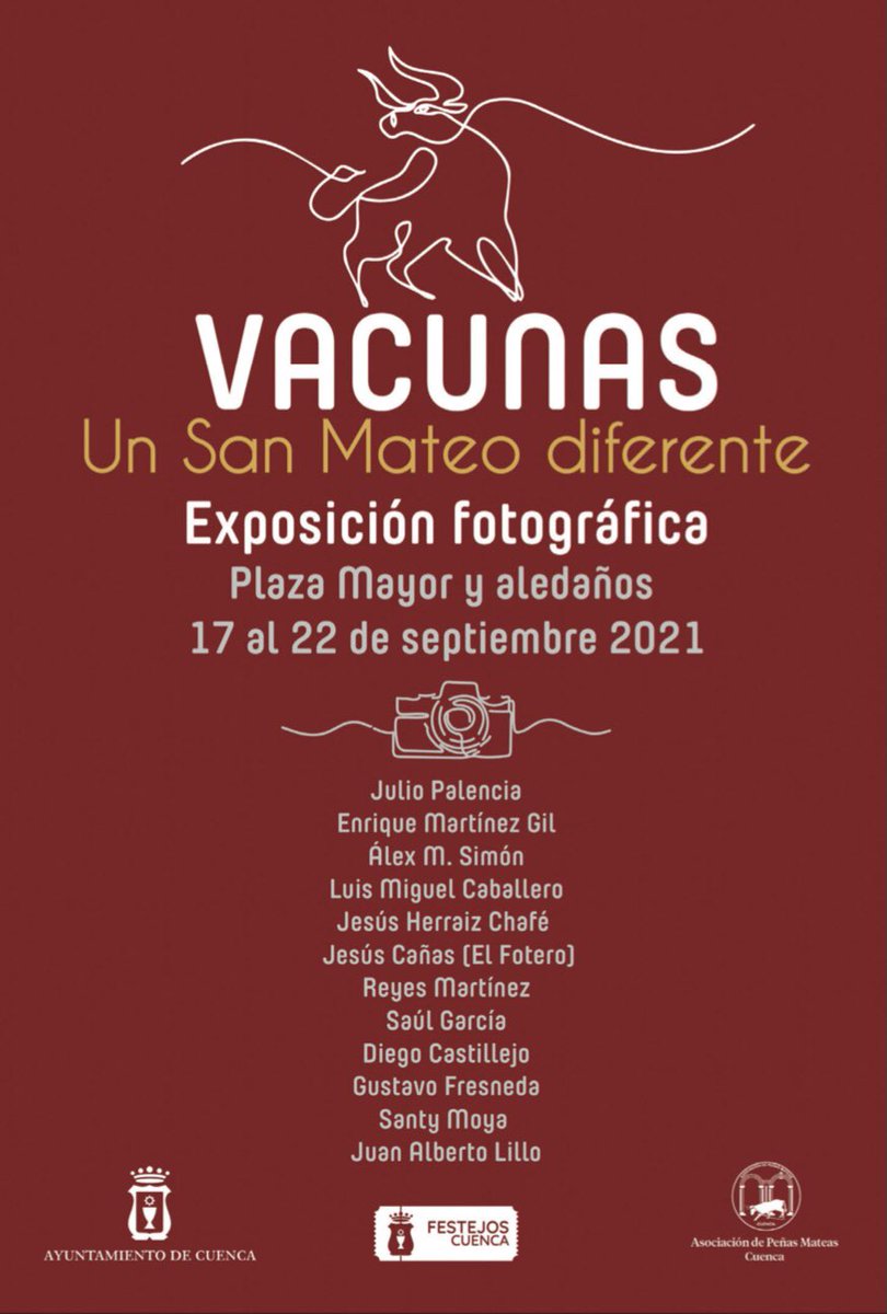 Esta tarde se inaugura la exposición de fotografía 📸 #Vacunas 

Fotógrafos de #Cuenca comparten su visión de nuestra fiesta 🎉 más popular 

Fotografías de gran formato que podrás ver en el Casco Antiguo de Cuenca, en el recorrido de la vaquilla 🐮 

¡No te la pierdas!