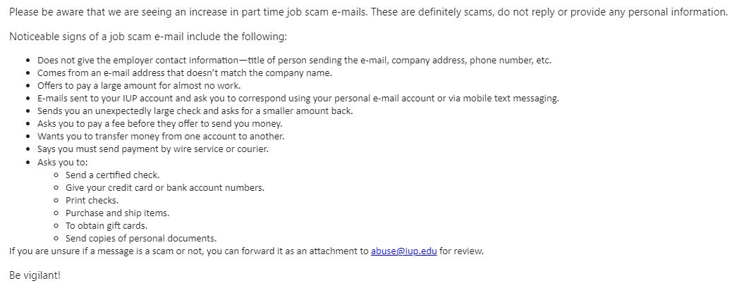 IUPITSupport's tweet photo. Job scam emails are increasing. Take steps to protect your computing account. https://t.co/poXLDkr8Be