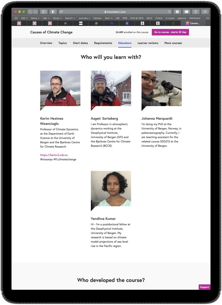 nissenjo's tweet image. Great team of educators following our #FLclimatechange course starting 20th of September - offered for free thru @FutureLearn in collaboration with @UiB and @BjerknesBCCR 
futurelearn.com/courses/causes…