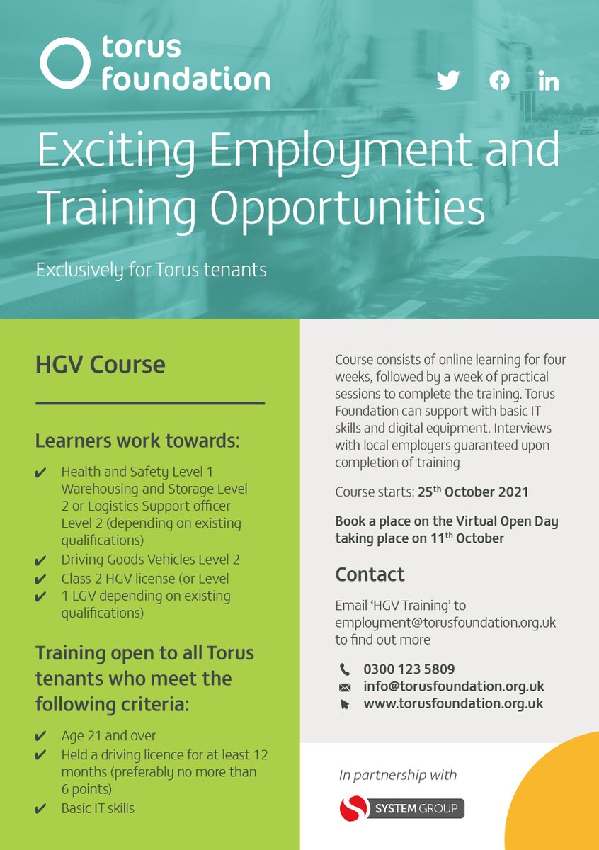 3 training courses, exclusively for <a href="/WeAreTorus/">Torus</a> tenants:

✅Free qualifications
✅Employment support throughout course
✅Leading to real job opportunities

Book onto the Open Days or find out more from our Employment team via: torusfoundation.org.uk/opportunity/ne…