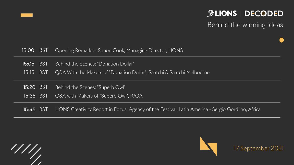 Cannes_Lions's tweet photo. Let’s dive into the #LIONSDecoded schedule. From copywriters to art directors and back again, find out what it truly takes to win a Lion.

Find out more: https://t.co/EA4pgHvkbs https://t.co/ja38m3RqxC