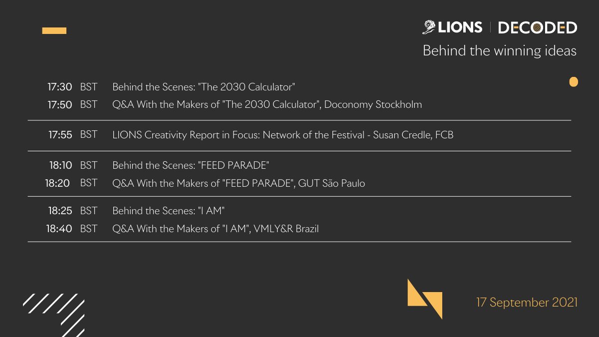 Cannes_Lions's tweet photo. Let’s dive into the #LIONSDecoded schedule. From copywriters to art directors and back again, find out what it truly takes to win a Lion.

Find out more: https://t.co/EA4pgHvkbs https://t.co/ja38m3RqxC