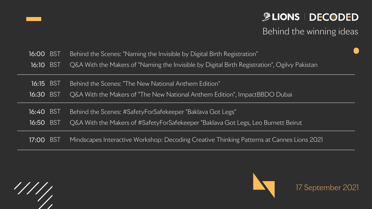 Cannes_Lions's tweet photo. Let’s dive into the #LIONSDecoded schedule. From copywriters to art directors and back again, find out what it truly takes to win a Lion.

Find out more: https://t.co/EA4pgHvkbs https://t.co/ja38m3RqxC