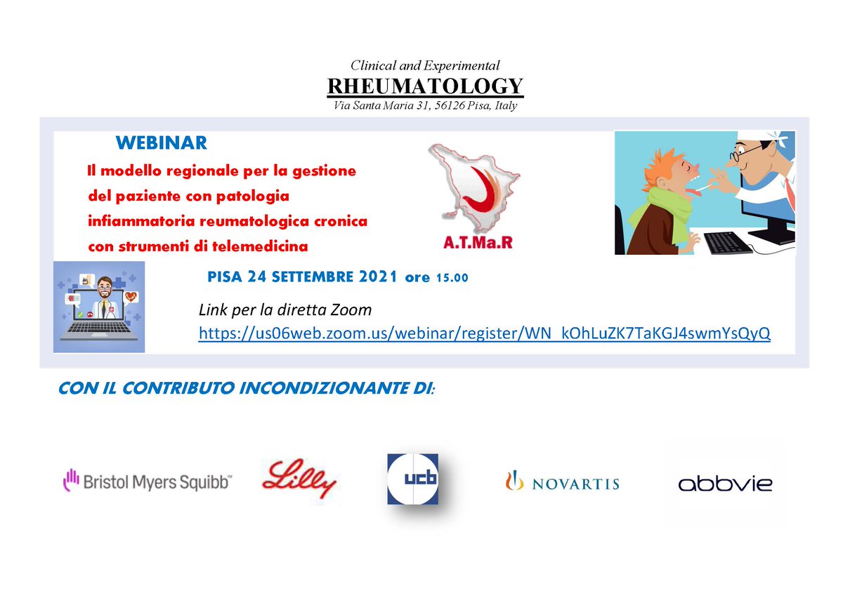 clinexprheum's tweet photo. Sono aperte le iscrizioni al webinar
"Il modello regionale per la gestione del paziente con patologia infiammatoria reumatologica clinica con strumenti di telemedicina"
24 settembre 2021 ore 15.00
https://t.co/qivpdHyQ3A
#ATMaR Associazione Toscana Malati Reumatici Onlus https://t.co/tXg7t0pPHT