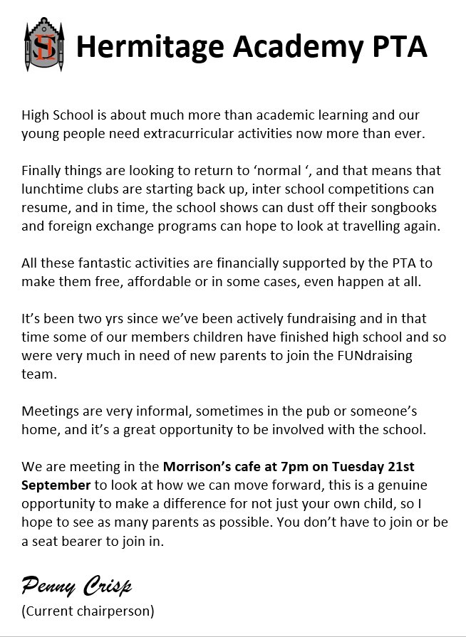 Please find below a message from <a href="/hermitageacaPTA/">HermitageAcademyPTA</a> about how you can get involved with supporting the extra curricular clubs and activities on offer <a href="/HermitageAcad/">Hermitage Academy</a> #partnerships #community #FUNdraising 👇