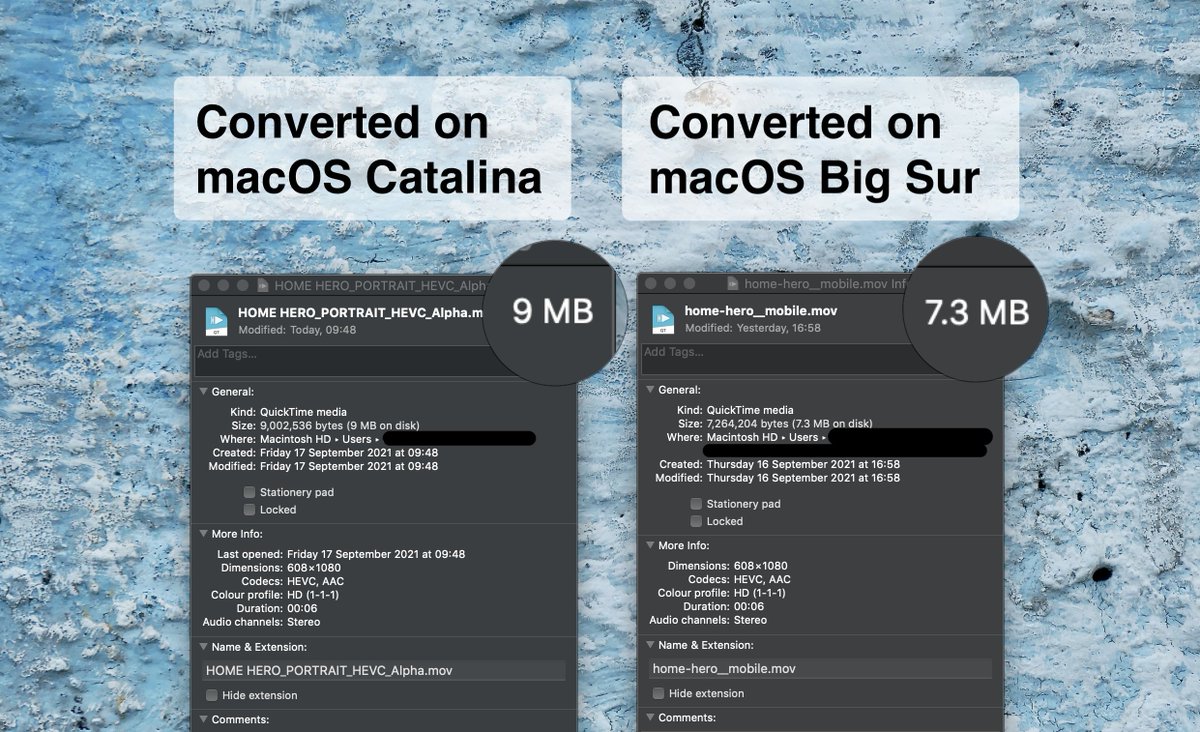 duncan_ie's tweet photo. @crossdotdev Thanks for the write up on the transparent videos! It's been invaluable. 

I did find an interesting tidbit that wasn't mentioned. It turns out that converting to HEVC videos on Big Sur gets a smaller file size. https://t.co/OWatScnfqY