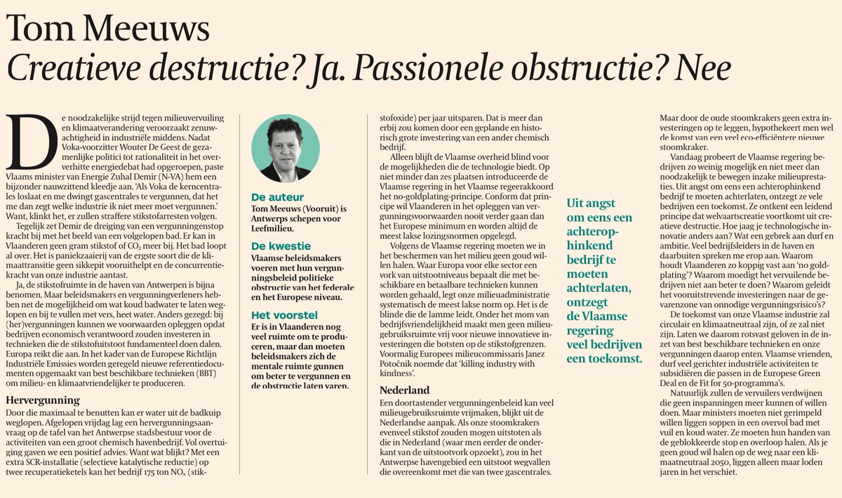 Dreigende vergunningenstop is paniekzaaierij vd ergste soort, helpt klimaattransitie niks vooruit en tast de concurrentiekracht van bedrijven aan. 

De toekomst vd Vlaamse industrie zal circulair en klimaatneutraal zijn, of ze zal niet zijn. Mijn mening vandaag in <a href="/tijd/">De Tijd</a> 👇