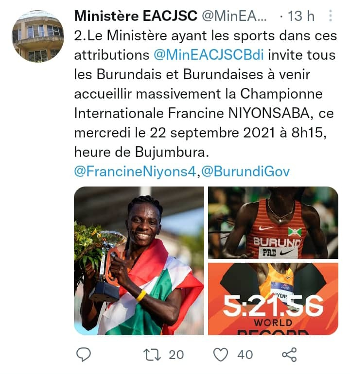 Ikiriho's tweet photo. 🏅🏆✌️Retour en héroïne de #Fire🔥-Cine au #Burundi
📌A travers le @MineacjscBdi, le @BurundiGov se prépare à accueillir officiellement l'athlète @FrancineNiyons4 et #RecordWoman🚀🚀🚀de 2000m dès son arrivée à l'Aéroport International de @MairieBuja le mercredi 22 septembre https://t.co/IyUgwLVPR1