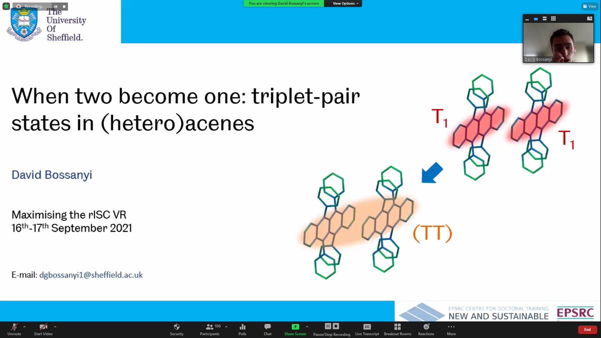 Our final talk of the first session is by David Bossanyi who will be taking us through the behaviour of triplet-pair states in (hetero)acenes. #MAXrISC #FluorescenceFriday