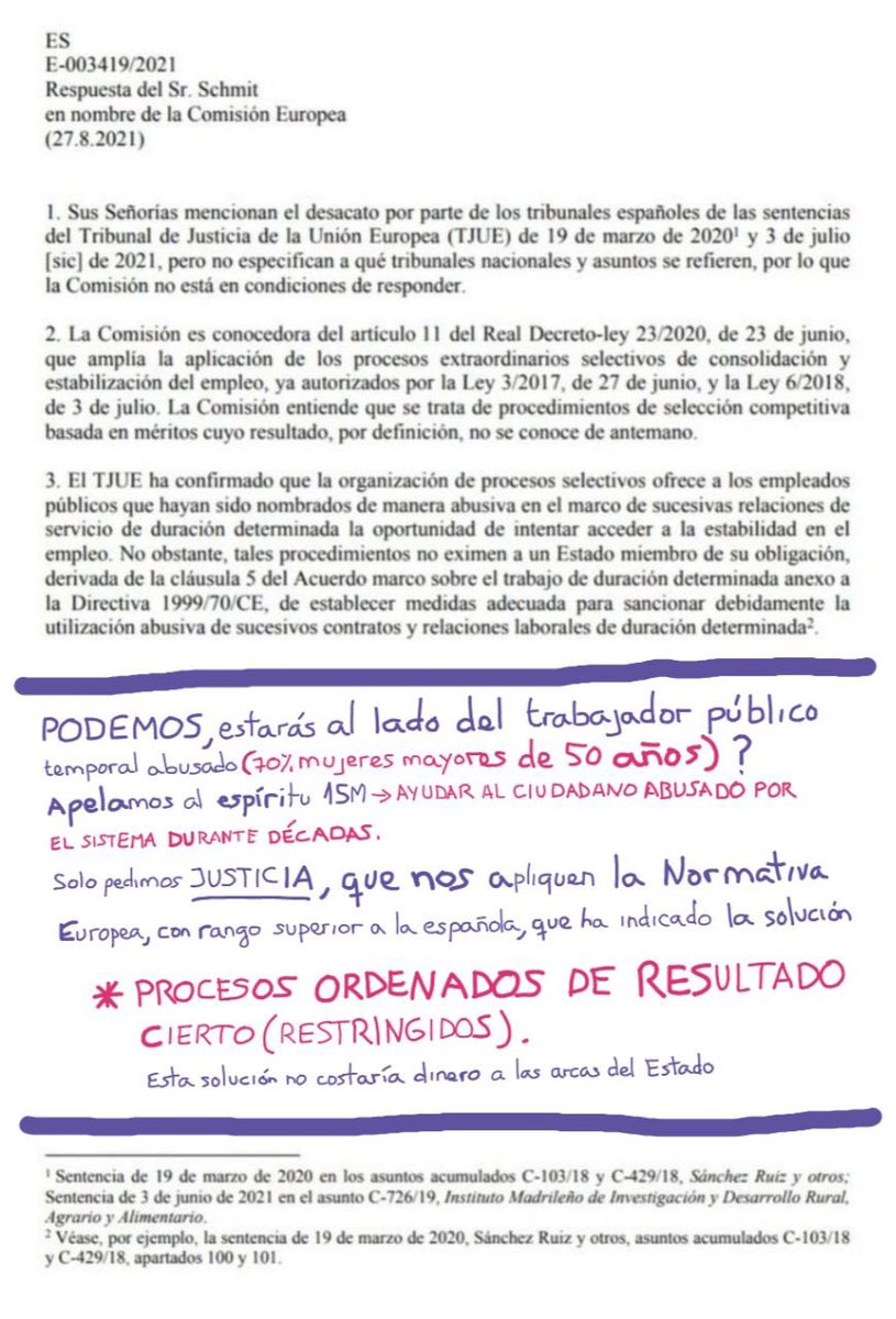 GMi15f's tweet photo. 📣@Eselkaos @ionebelarra @IreneMontero miren respuesta Europa, reitera:
⛔Procesos selectivos con resultado incierto NO son sanción
💵@PODEMOS prefiere como sanción pagar indemnización con fondos europeos o procesos ordenados de resultado cierto sin coste⁉️
 #NoIcetazo https://t.co/9Jng73rY3y