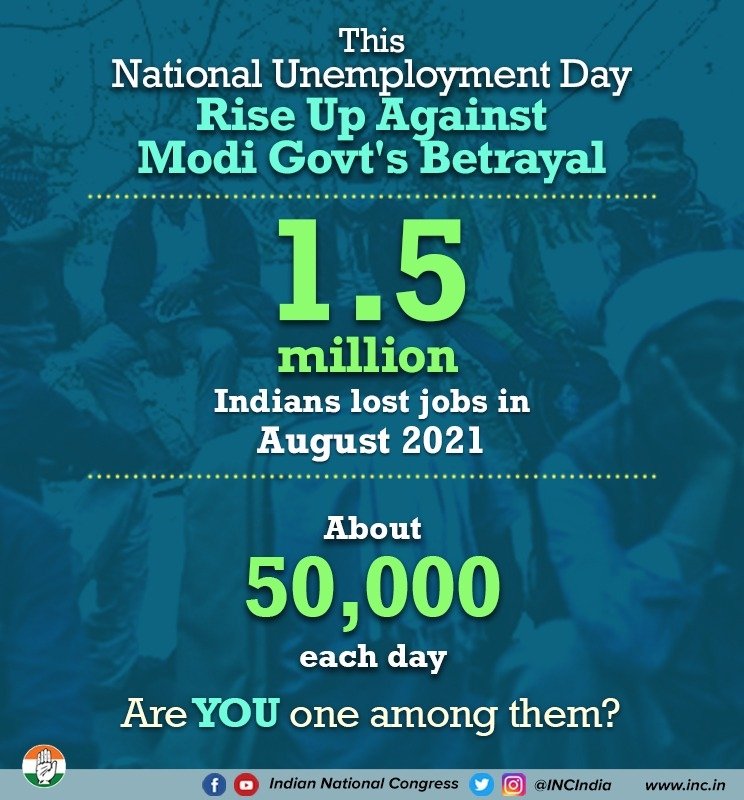 INCIndia's tweet photo. Our people are losing jobs as fast as Modi ji's fake promises lose hot air.
 
#NationalUnemploymentDay https://t.co/FpzMXkLZJO