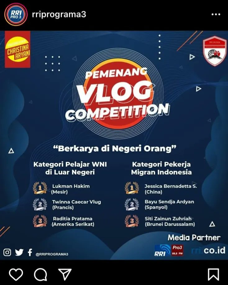 IndonesiaCairo's tweet photo. Alfu Mabrouk!
Selamat kepada Saudara Lukman Hakim, pemenang Juara I Kompetisi Vlog RRI-Aryani Foundation
KBRI Kairo turut bangga!
#rri
#rriprograma3
#RintisKemajuan
#IniDiplomasi
#KBRICairo https://t.co/l7sGKoAvmV